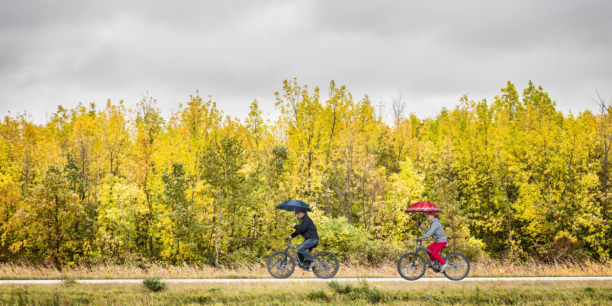 Zwei Velofahrer mit Regenschirm